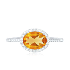 Certified Real 6X8mm Oval Citrine East West Engagement Ring with Diamond Halo