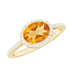 Certified Real 6X8mm Oval Citrine East West Engagement Ring with Diamond Halo