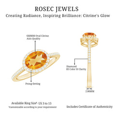 Certified Real 6X8mm Oval Citrine East West Engagement Ring with Diamond Halo