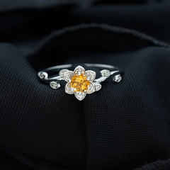 Natural Citrine Flower Engagement Ring with Diamond
