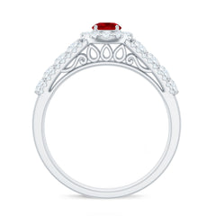 Lab Created Ruby Side Stone Engagement Ring with Moissanite