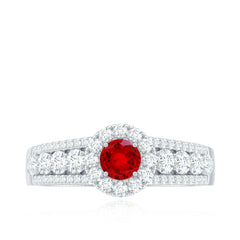 Lab Created Ruby Side Stone Engagement Ring with Moissanite