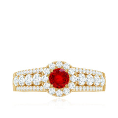 Lab Created Ruby Side Stone Engagement Ring with Moissanite