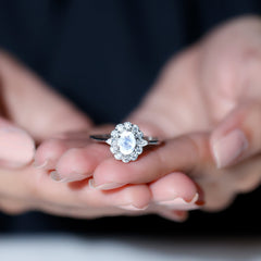 Natural 0.6 Carat Oval Shape Moonstone Engagement Ring With Moissanite