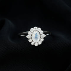 Natural 0.6 Carat Oval Shape Moonstone Engagement Ring With Moissanite