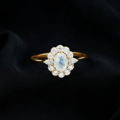 Natural 0.6 Carat Oval Shape Moonstone Engagement Ring With Moissanite