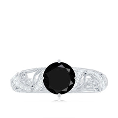 Round Created Black Diamond Vintage Inspired Engagement Ring with Diamond