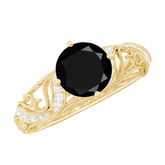 Round Created Black Diamond Vintage Inspired Engagement Ring with Diamond
