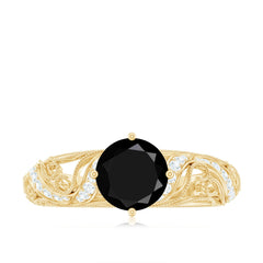 Round Created Black Diamond Vintage Inspired Engagement Ring with Diamond