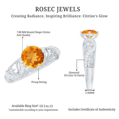 Genuine Citrine Vintage Looking Engagement Ring with Diamond