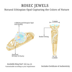 Genuine Ethiopian Rainbow Opal Vintage Inspired Engagement Ring with Diamond