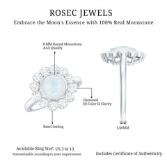 Round Moonstone and Diamond Halo Engagement Ring in Bezel Setting