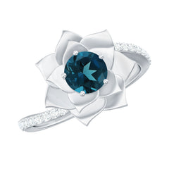 Flower Inspired London Blue Topaz Rose Engagement Ring with Diamond