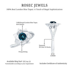 Flower Inspired London Blue Topaz Rose Engagement Ring with Diamond