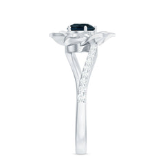 Flower Inspired London Blue Topaz Rose Engagement Ring with Diamond