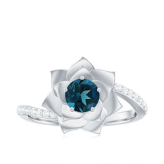 Flower Inspired London Blue Topaz Rose Engagement Ring with Diamond