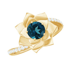 Flower Inspired London Blue Topaz Rose Engagement Ring with Diamond