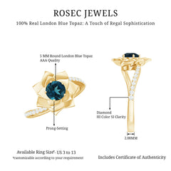 Flower Inspired London Blue Topaz Rose Engagement Ring with Diamond