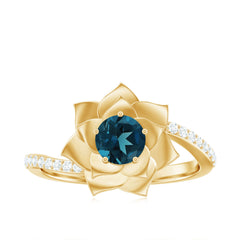 Flower Inspired London Blue Topaz Rose Engagement Ring with Diamond