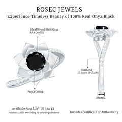 Flower Inspired Black Onyx Rose Engagement Ring with Diamond