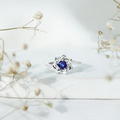 Real Blue Sapphire and Diamond Flower Ring with Bypass Shank