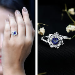 Real Blue Sapphire and Diamond Flower Ring with Bypass Shank