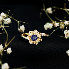 Real Blue Sapphire and Diamond Flower Ring with Bypass Shank