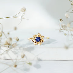 Real Blue Sapphire and Diamond Flower Ring with Bypass Shank