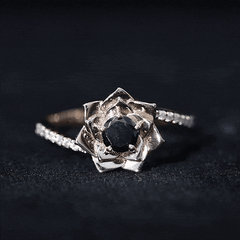 Lab Grown Black Diamond and Diamond Flower Bypass Ring