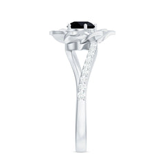 Lab Grown Black Diamond and Diamond Flower Bypass Ring