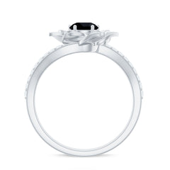 Lab Grown Black Diamond and Diamond Flower Bypass Ring
