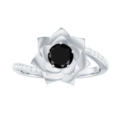 Lab Grown Black Diamond and Diamond Flower Bypass Ring