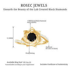 Lab Grown Black Diamond and Diamond Flower Bypass Ring