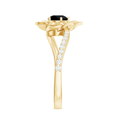 Lab Grown Black Diamond and Diamond Flower Bypass Ring