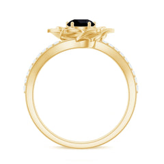Lab Grown Black Diamond and Diamond Flower Bypass Ring