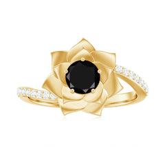 Lab Grown Black Diamond and Diamond Flower Bypass Ring