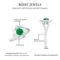 Certified Real Emerald Flower Engagement Ring with Diamond Bypass Shank