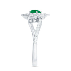 Certified Real Emerald Flower Engagement Ring with Diamond Bypass Shank