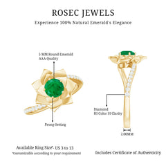 Certified Real Emerald Flower Engagement Ring with Diamond Bypass Shank