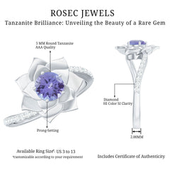 Real Tanzanite Rose Flower Engagement Ring with Diamond Bypass Shank