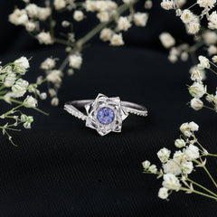 Real Tanzanite Rose Flower Engagement Ring with Diamond Bypass Shank