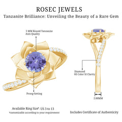 Real Tanzanite Rose Flower Engagement Ring with Diamond Bypass Shank