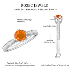 Genuine Fire Opal Solitaire Engagement Ring with Diamond