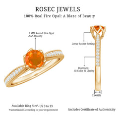Genuine Fire Opal Solitaire Engagement Ring with Diamond