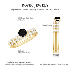 Round Cut Black Onyx and Diamond Stacking Wedding Ring Set