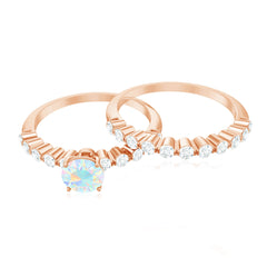 Certified Natural Ethiopian Opal Diamond Wedding Engagement Ring Set of 2