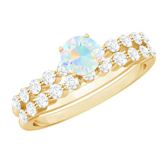 Certified Natural Ethiopian Opal Diamond Wedding Engagement Ring Set of 2