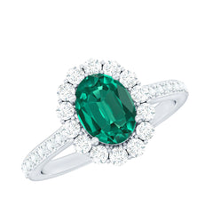 Certified 6X8 mm Oval Lab Grown Emerald Halo Engagement Ring