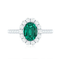 Certified 6X8 mm Oval Lab Grown Emerald Halo Engagement Ring