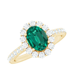 Certified 6X8 mm Oval Lab Grown Emerald Halo Engagement Ring